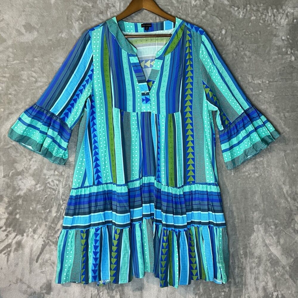 Coco+Carmen Boho Tunic Blue Green Geometric Strip Tiered S/M Flowy Peasant Dress